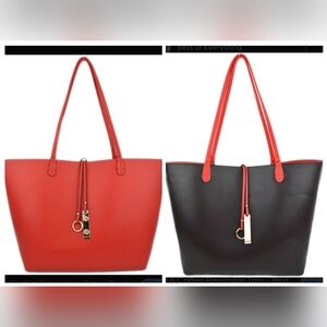 Fabriano Italia Black/Red Leather Reversible Double Handle Tote Bag Purse